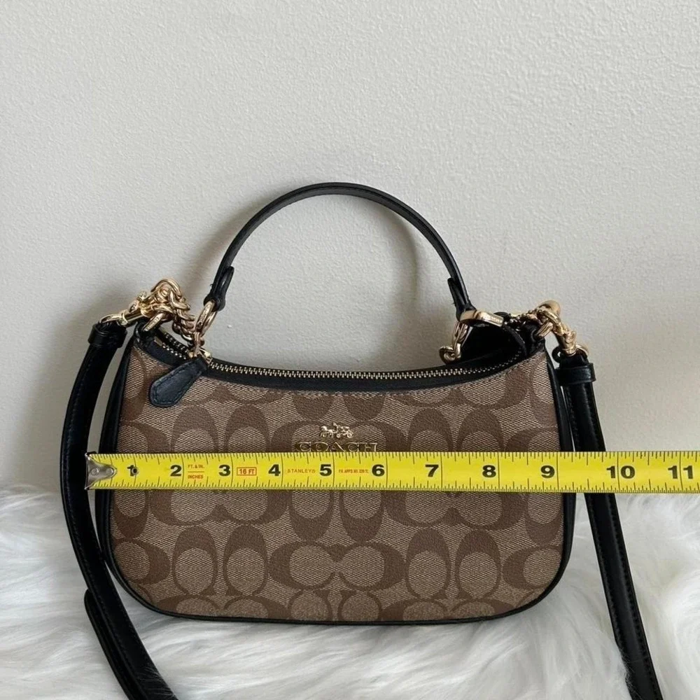 Coach Teri Hobo Khaki‎ Signature Canvas Leather Shoulder Bag Excellent
